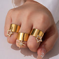 Gold Wide Open Band Ring with Zircon Star Charm Drop Pendant view 2