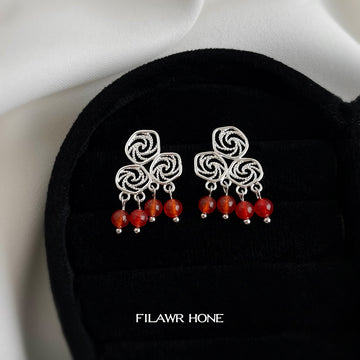 Silver Cloud Filigree Red Bead Drop Stud Earrings Matching Pair
