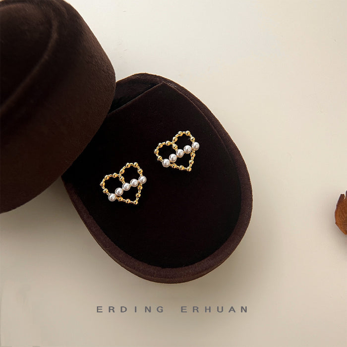 Gold Open Heart Beaded Stud Earrings Mini Pearl Row