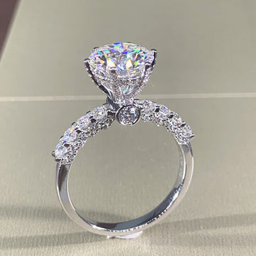 Round Clear Solitaire Pave Band Ring In Polished Silver Tone