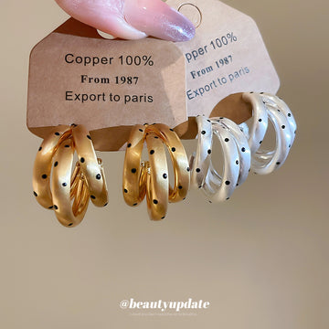 Gold Tone Triple Hoop Earrings With Black Dot Details