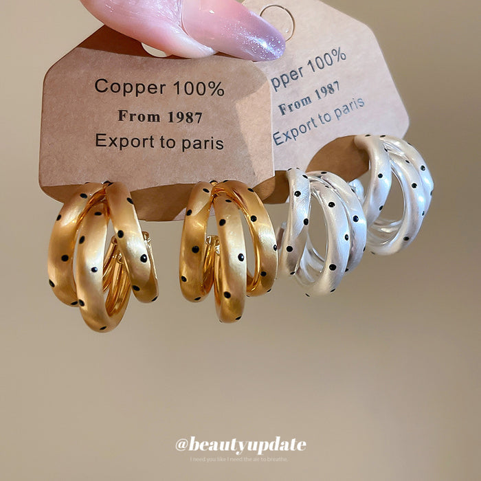 Gold Tone Triple Hoop Earrings With Black Dot Details