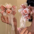 Fabric Rose Satin Bow Lace Pearl Hair Clips Two Colors view 1