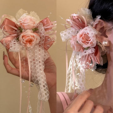 Fabric Rose Satin Bow Lace Pearl Hair Clips Two Colors