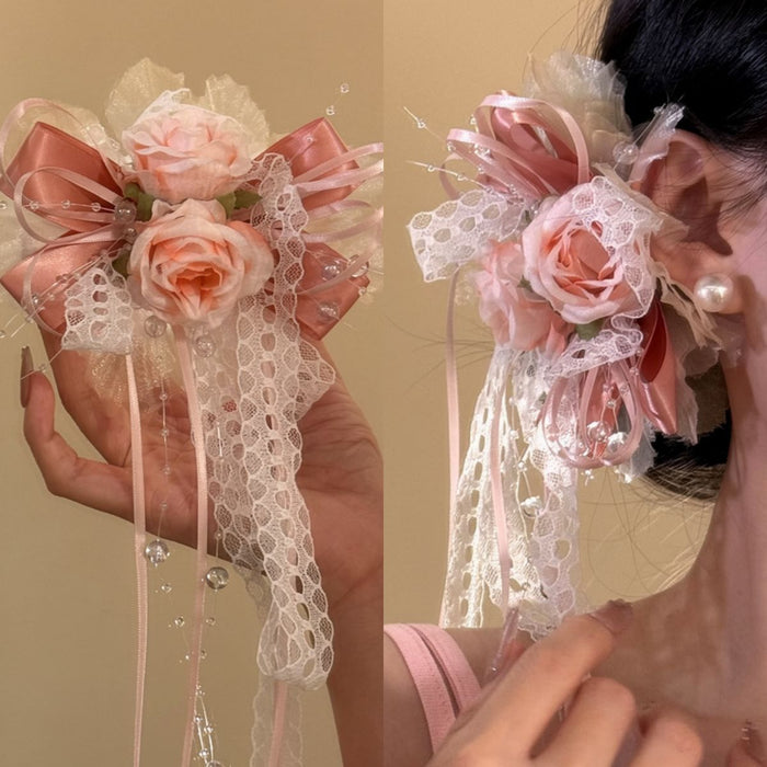 Fabric Rose Satin Bow Lace Pearl Hair Clips Two Colors