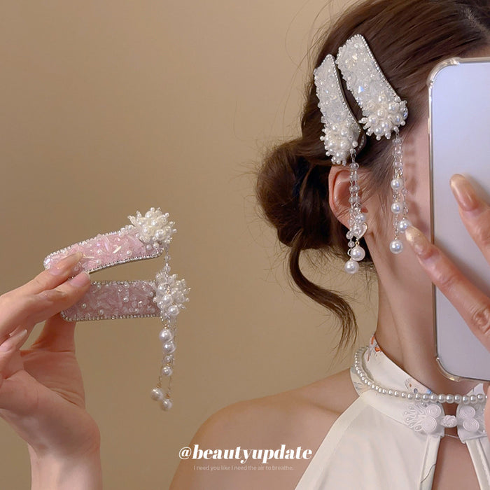 Pink Or White Crystal Chip Flower Hair Clip With Pearl Like Tassels