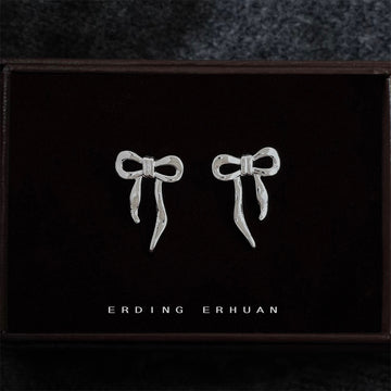 Silver Textured Ribbon Bow Stud Earrings Long Tail Pair