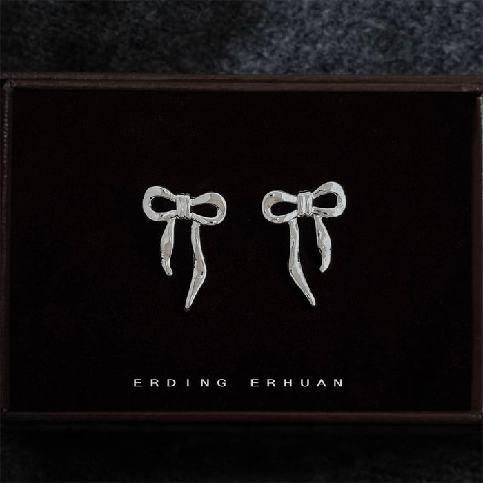 Silver Textured Ribbon Bow Stud Earrings Long Tail Pair