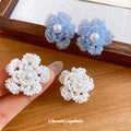 Beaded Pearl Center Flower Stud Earrings in White and Blue view 4