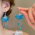 Blue Crystal Petal and Chain Fringe Hook Earrings with Polished Details view 1