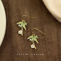 Gold Bamboo Leaf Drop Earrings Green Enamel Flower Charm view 4