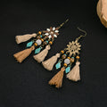 Floral Bead and Brown Tassel Statement Long Hook Earrings view 4