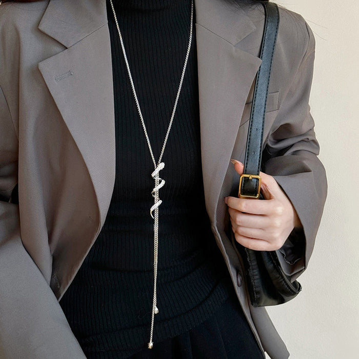 Silver Pave Crystal Snake Coil Lariat Long Tassel Necklace