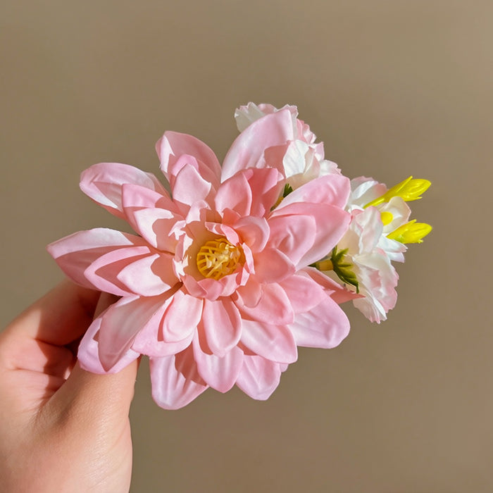 Pink Fabric Dahlia Duckbill Hair Clip with White Buds