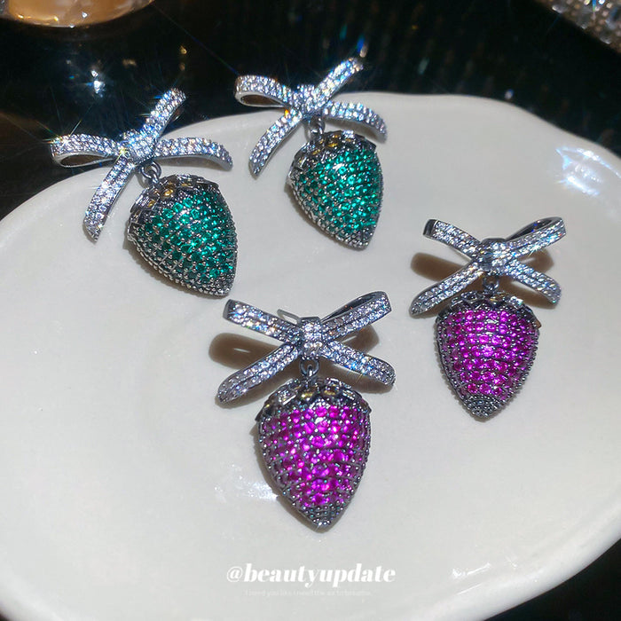 Green Crystal Strawberry Earrings with Silver Tone Bows