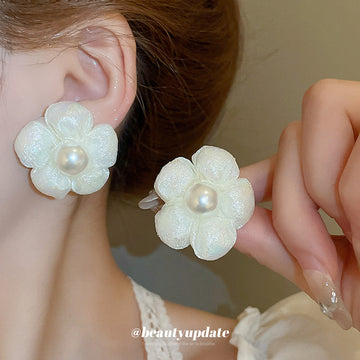 White Flower Pearl Clip On And Stud Earrings With Decorative Details