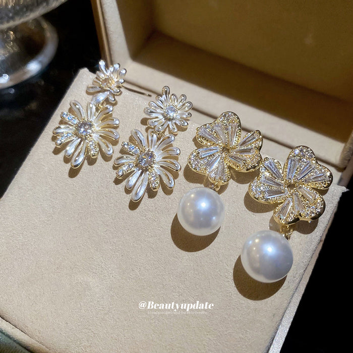 Gold Tone Floral Branch And Pearl Drop Stud Earrings