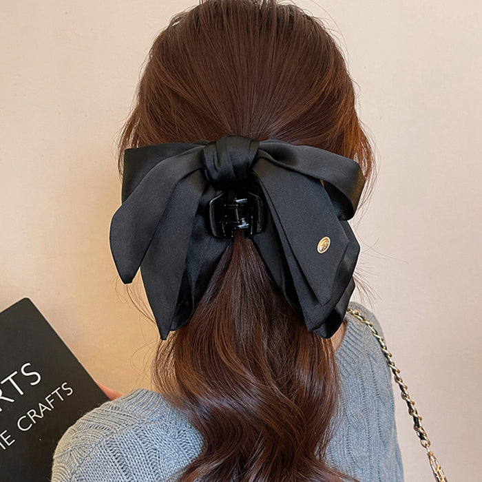 Black Satin Oversized Bow Hair Claw Clip with Gold Charm
