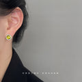 Gold Tone Yellow Green Cat Eye Round Stone Clear Halo Stud Earrings view 2