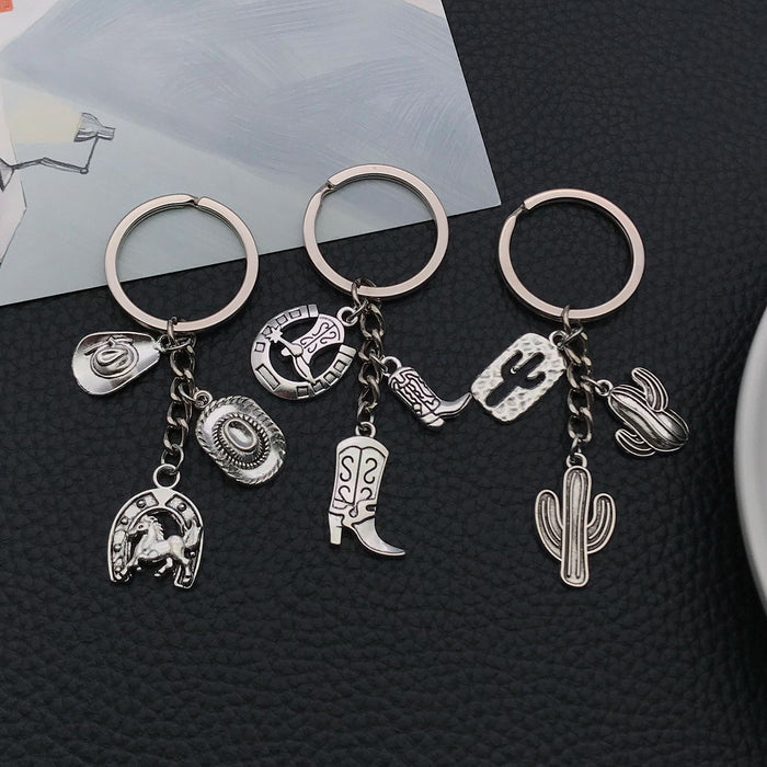 Antique Silver Horse Boot and Cactus Metal Keychain Set