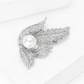 Silver Tone Crystal Leaf Brooch with White Faux Pearl view 2