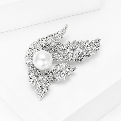 Silver Tone Crystal Leaf brooch shown in angled product view