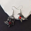 Asymmetrical Raven and Rose Birdcage Drop Earrings in Blackened Metal view 1