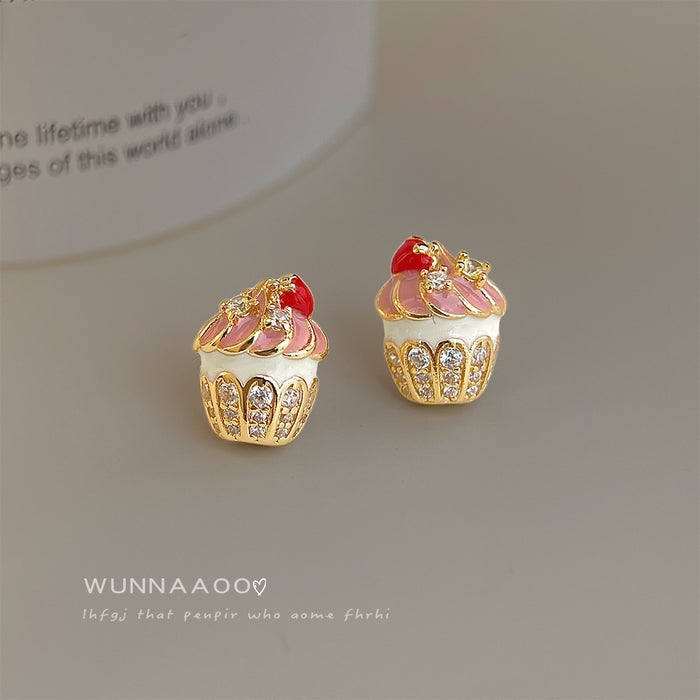 Gold Tone Colorful Cupcake And Clear Stone Stud Earrings
