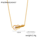 Gold Guitar Pendant Necklace White Pearlescent Inlay Rhinestone view 6