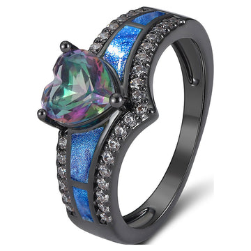 Black Tone Blue Enamel Heart Crystal Ring Polished Statement Fashion Jewelry