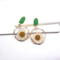 Green Enamel Stud White Daisy Resin Drop Earrings Gold Rim view 1