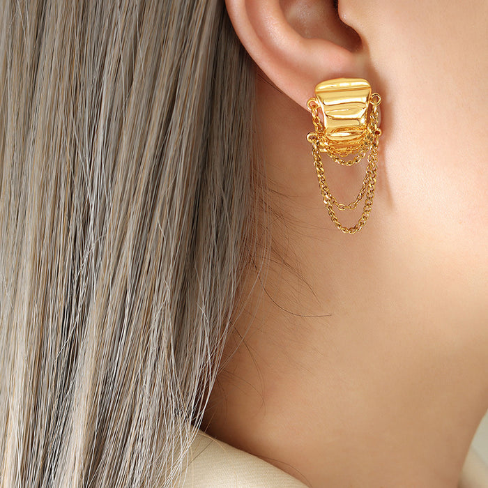 Geometric Square Stud Earrings With Multi Chain Drops