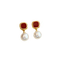 Square Stud Pearl Drop Earrings In Red And Black With Round Pearl Drops view 5