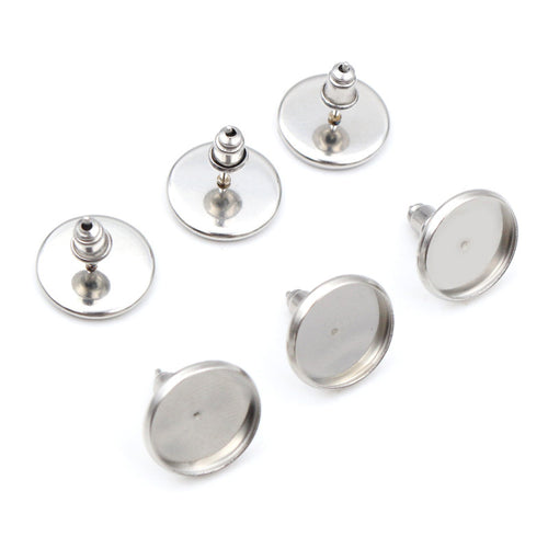 Round Bezel Stud Earring Settings in Four Polished Finishes — close-up product view