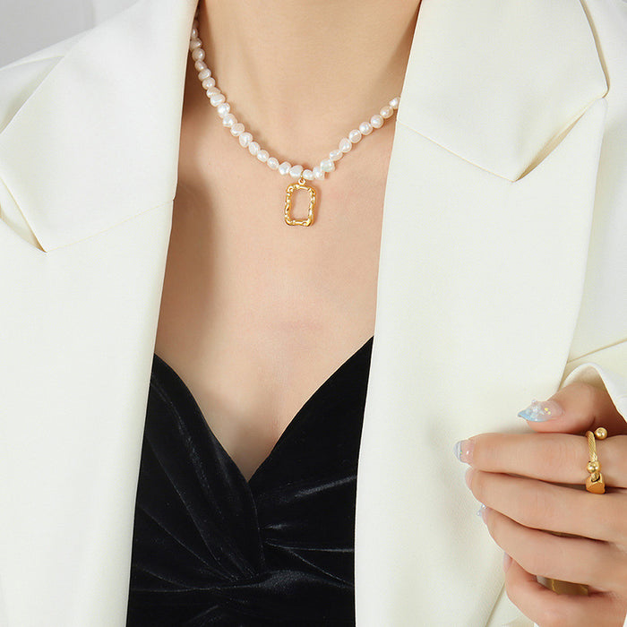 Freshwater Pearl Necklace with Gold Irregular Square Pendant