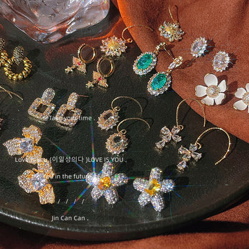Crystal Zircon Mixed Style Gold Tone Stud Drop Earrings