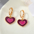 Gold Tone Double Heart Enamel Huggie Drop Earrings in Five Colors view 6