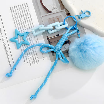Braided Cord Star Charm Keychain With Fluffy Pom Pom And Bow