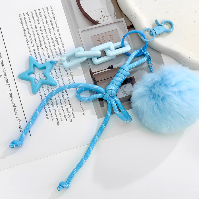 Braided Cord Star Charm Keychain With Fluffy Pom Pom And Bow