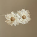 White Fabric Flower Stud Earrings with Woven Centers view 6