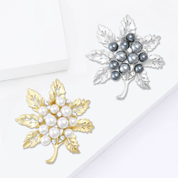 Matte Gold Leaf Cluster Brooch With Round White Pearls
