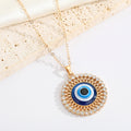 Large Round Crystal Halo Blue Evil Eye Pendant Necklaces in Two Finishes view 2