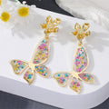 Gold Tone Butterfly Top Resin Pressed Flower Drop Stud Earrings view 4