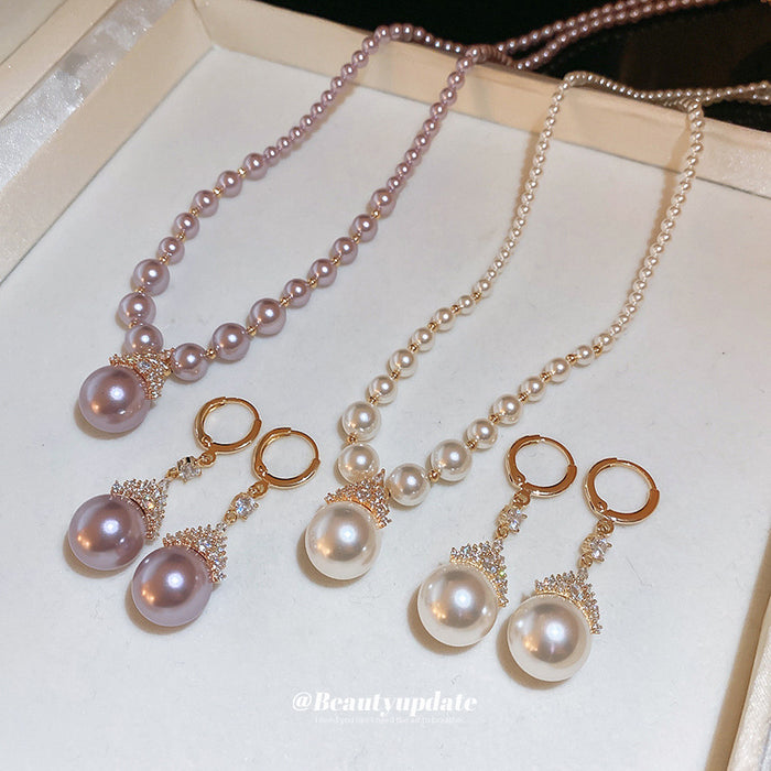 Gold Tone White Graduated Pearl Like Earrings And Necklace
