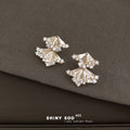Silver Tone Clear Stone Double Fan Drop Stud Earrings view 4