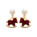 Black Flocked Rocking Horse Pearl Drop Stud Earrings view 5