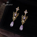Gold Purple Crystal Long Dangle Earrings Ornate Scroll view 4