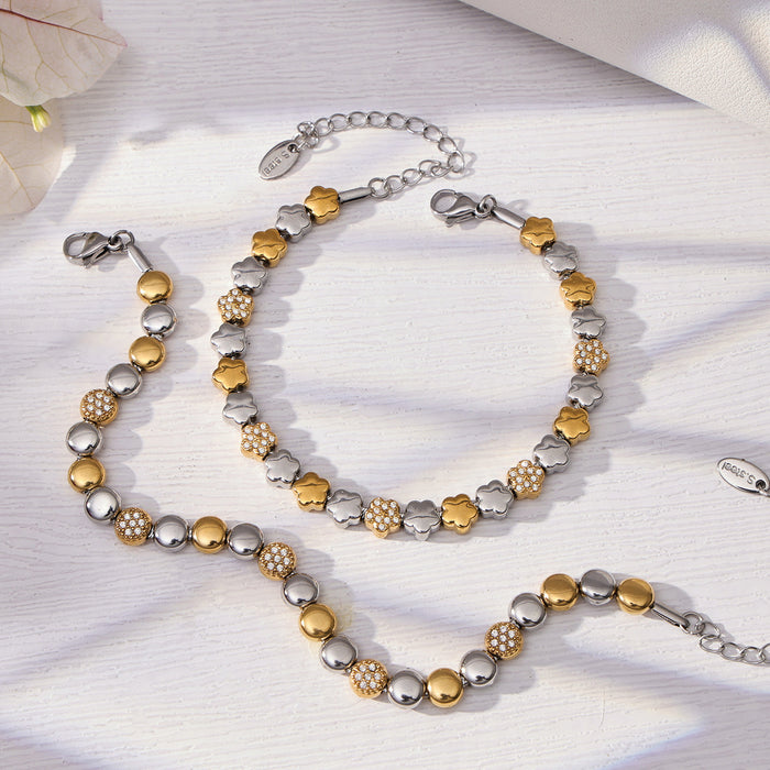 Two-Tone Flower And Round Bead Necklace Bracelet Set