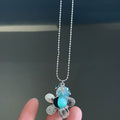 Silver Flower Pendant Necklace Teal Drop Crystal Cluster view 3