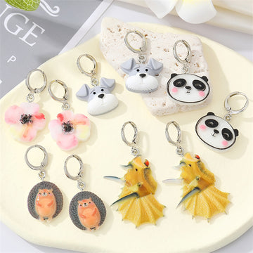 Silver Tone Huggie Drop Earrings with Colorful Character Charms